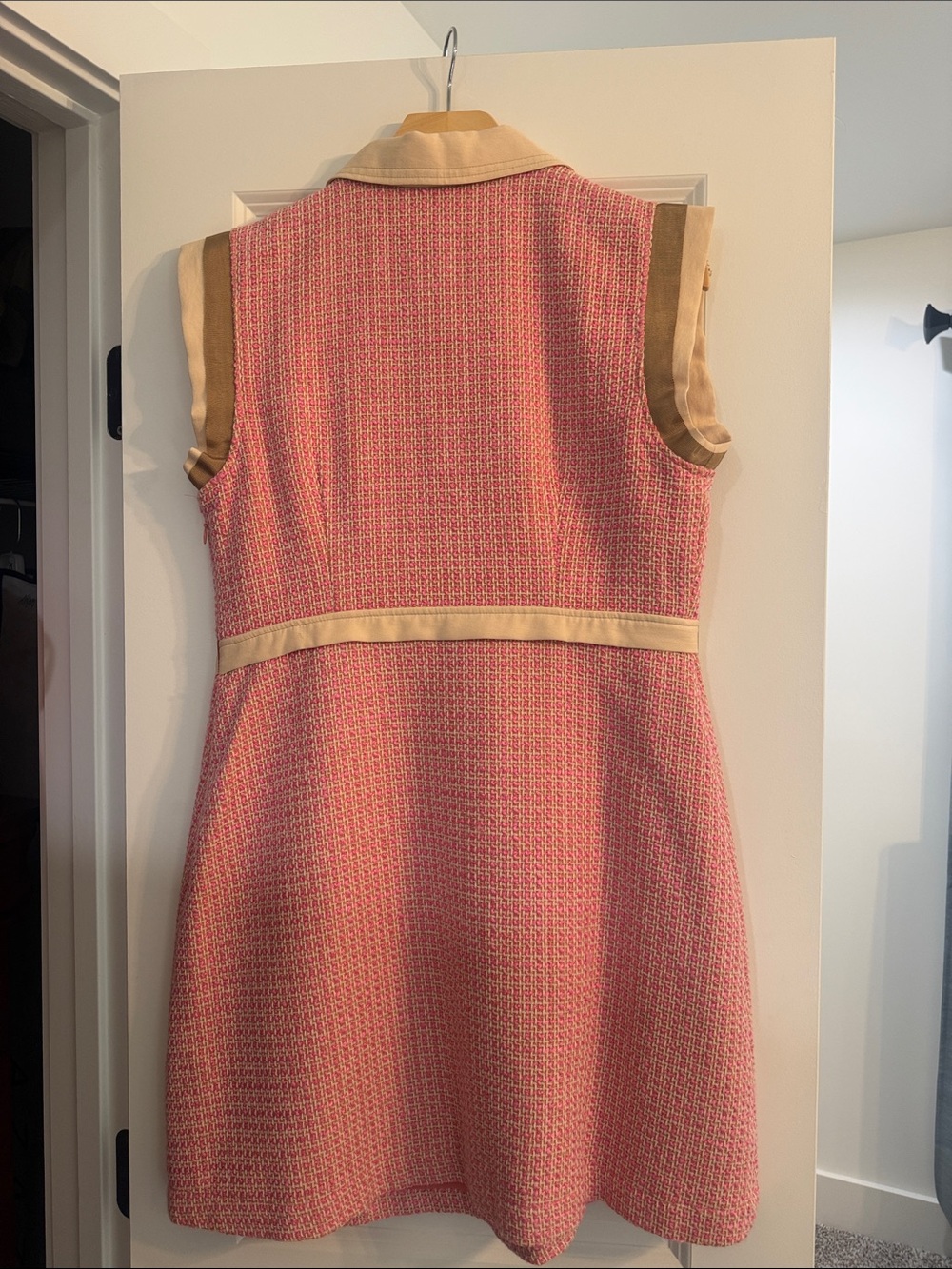 Anthropologie Maeve Pink/Rose Tweed Zip-Front Dress with Cream Trim - Picture 5 of 10